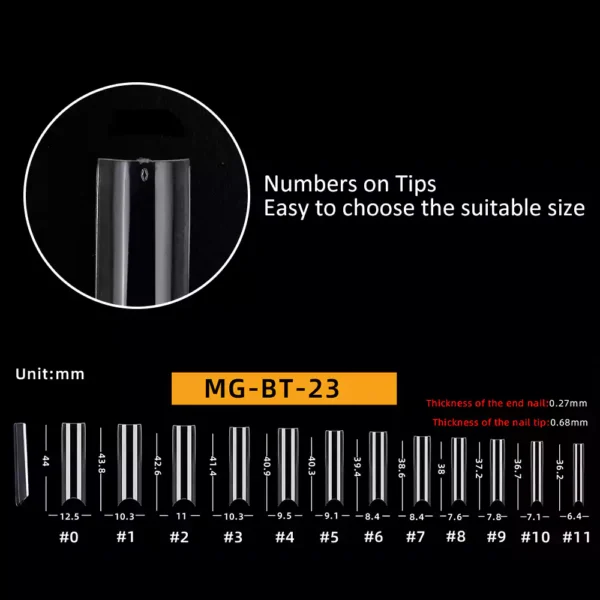 Size of Long Square Nail Tip (Half Cover)