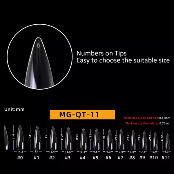 Size of Long Stiletto Nail Tip (Full Cover)