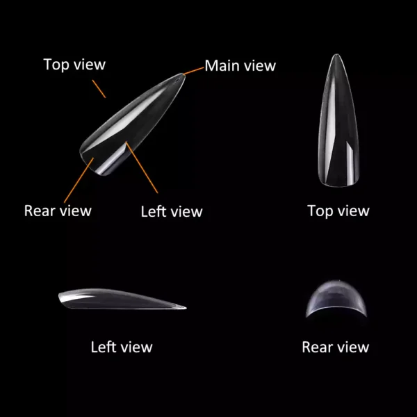 Three-view of Long Stiletto Nail Tip (Full Cover)