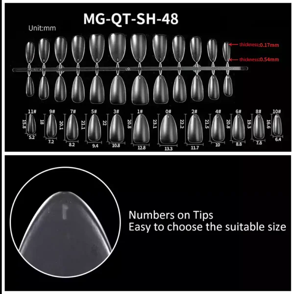Size of Matte Almond Nail Tip (Full Cover)