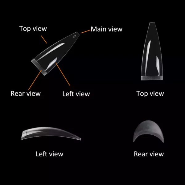 Three-view of Medium Stiletto Nail Tip (Half Cover)